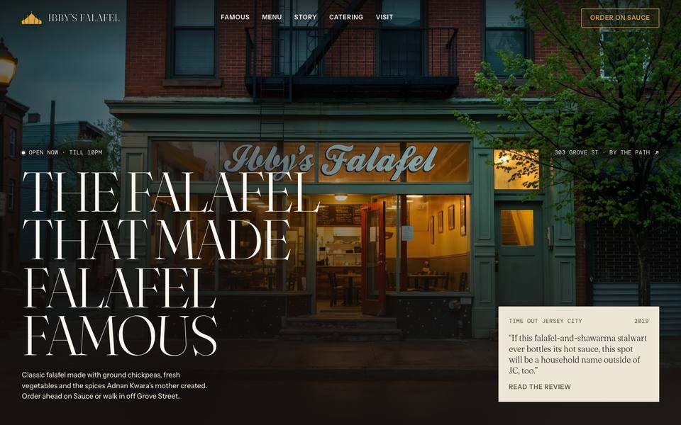 The new Ibby's Falafel homepage built by Tartun: the falafel that made falafel famous, with order, call and directions buttons on the first screen